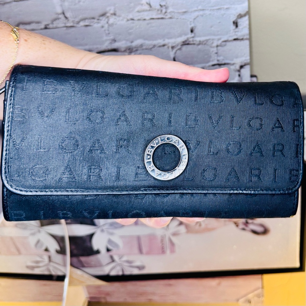 Bvlgari Black Canvas Long Wallet bifold with zipper pouch EUC